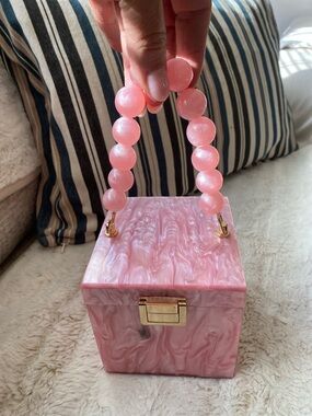 Pink Marbled Beaded Handle Jewelry Box Purse